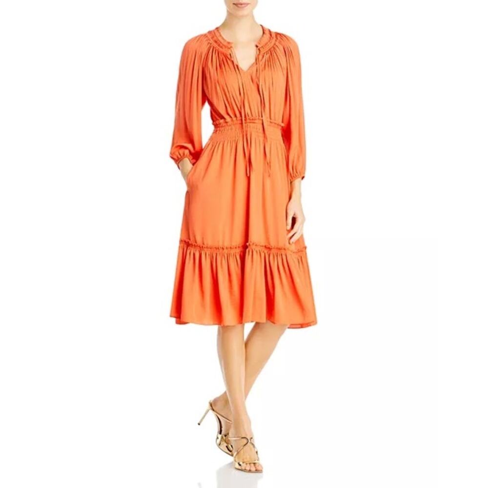 KOBI HALPERIN Kassi Pleated Tie Neck Dress‎ Orange Size Medium